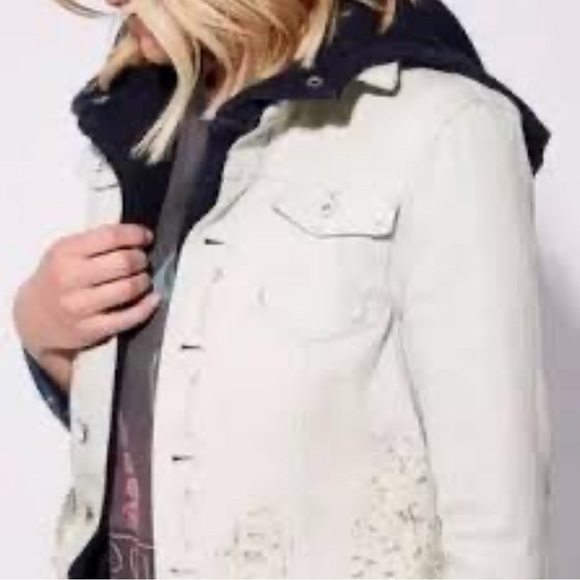 Free People Double Weave Distressed Denim Jacket Fleece Layer With Hood Sz S - Picture 4 of 15